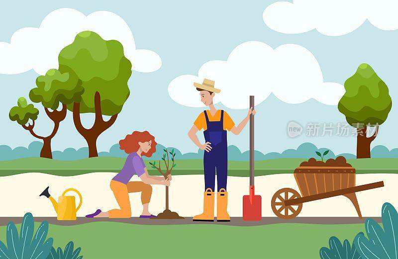 A couple is planting a tree seedling in nature. Flat style illustration.